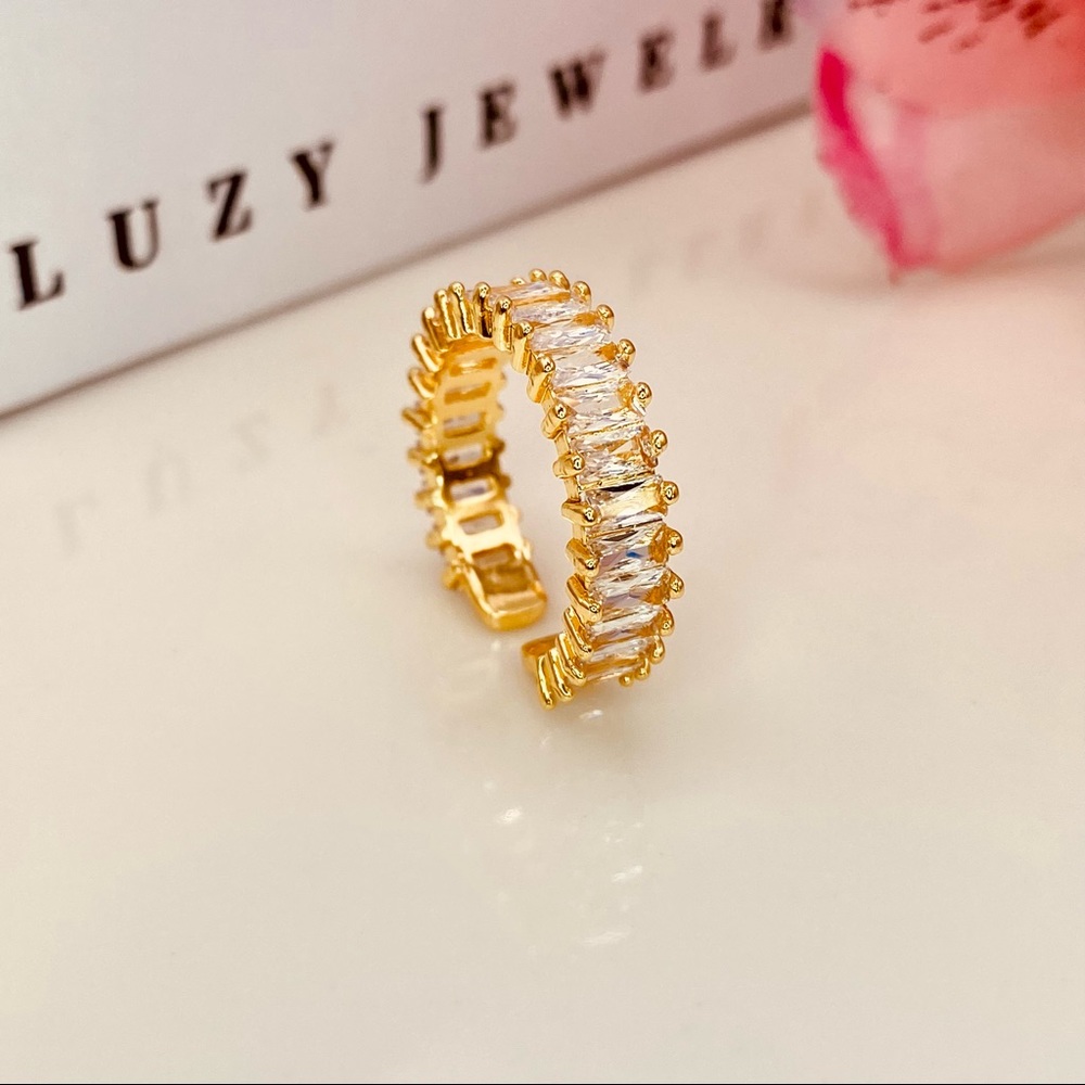 18K Iced Yellow Gold Diamond CZ Baguette Cut Open Ring Design - Picture 13 of 14